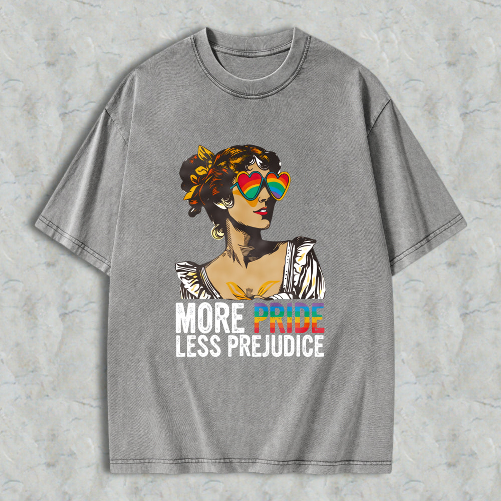 Wardrobecart Pride And Prejudice Inspired Woman With Rainbow Heart Sunglasses More Pride Less Prejudice Unisex Washed T-shirt