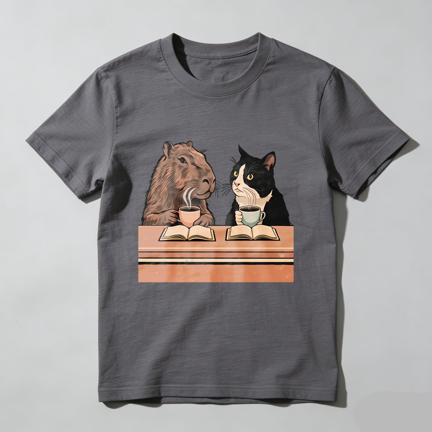 Wardrobecart Capybara And Cat Reading Books With Tea Unisex Classic T-shirt