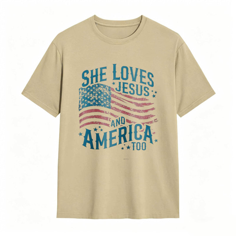 She Loves Jesus And America Too Women's Patriotic T-shirt