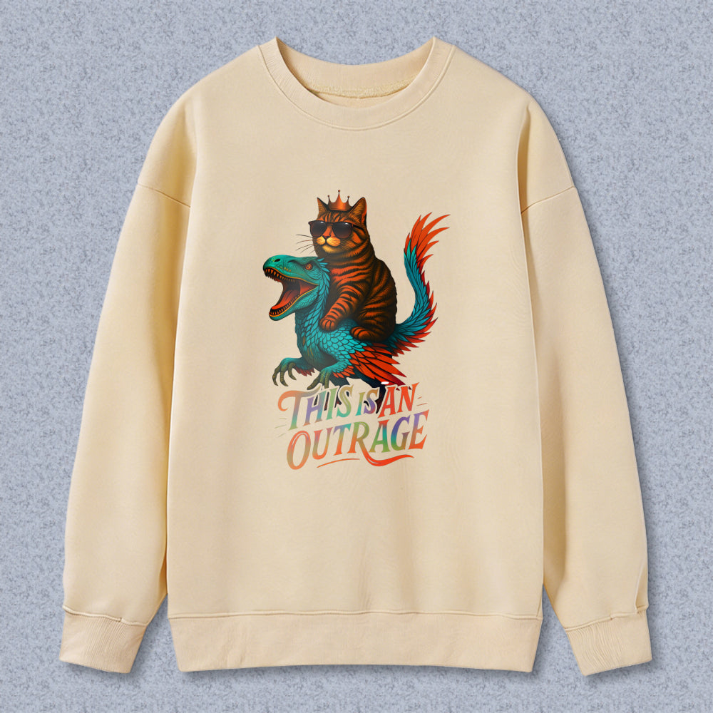 Wardrobecart Cat Riding Dinosaur This Is An Outrage Unisex Classic Sweatshirt
