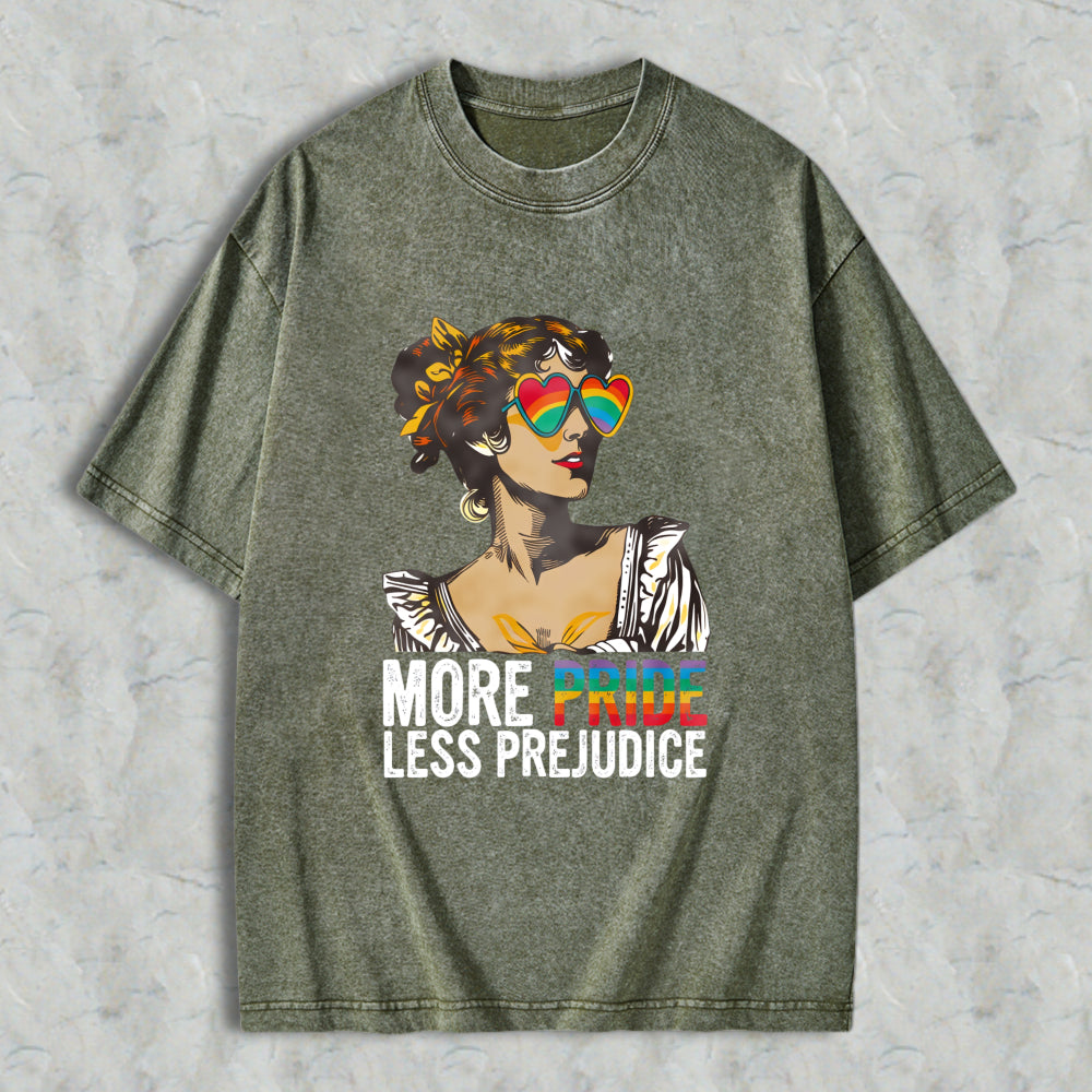 Wardrobecart Pride And Prejudice Inspired Woman With Rainbow Heart Sunglasses More Pride Less Prejudice Unisex Washed T-shirt