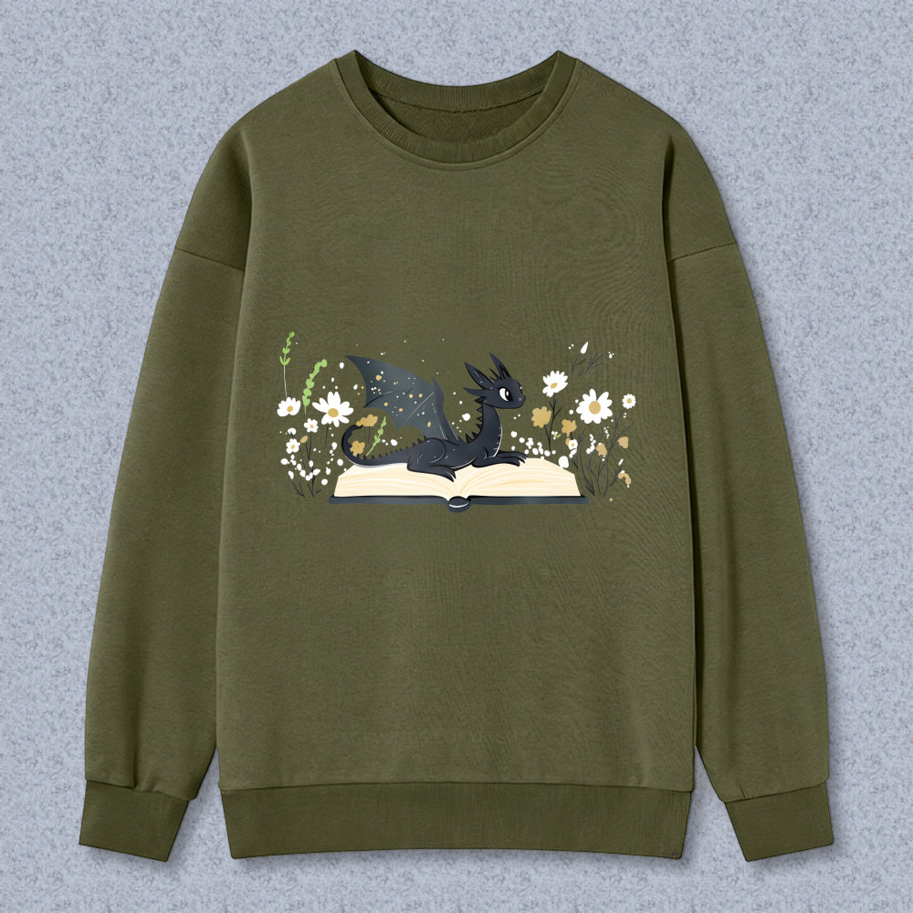 Wardrobecart Dragon Reading Book With Flowers And Plants Unisex Classic Sweatshirt