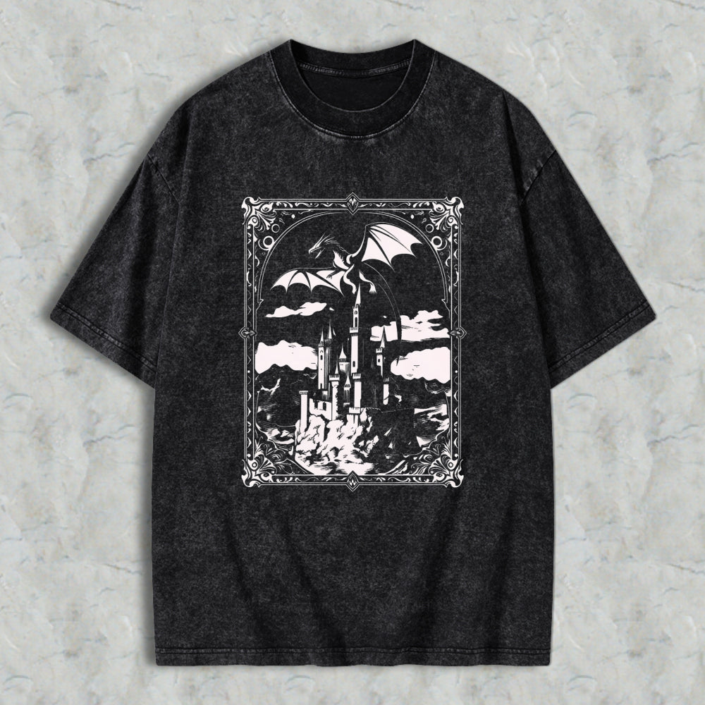 Wardrobecart Fantasy Castle Dragon Sky Scene Unisex Washed T-shirt