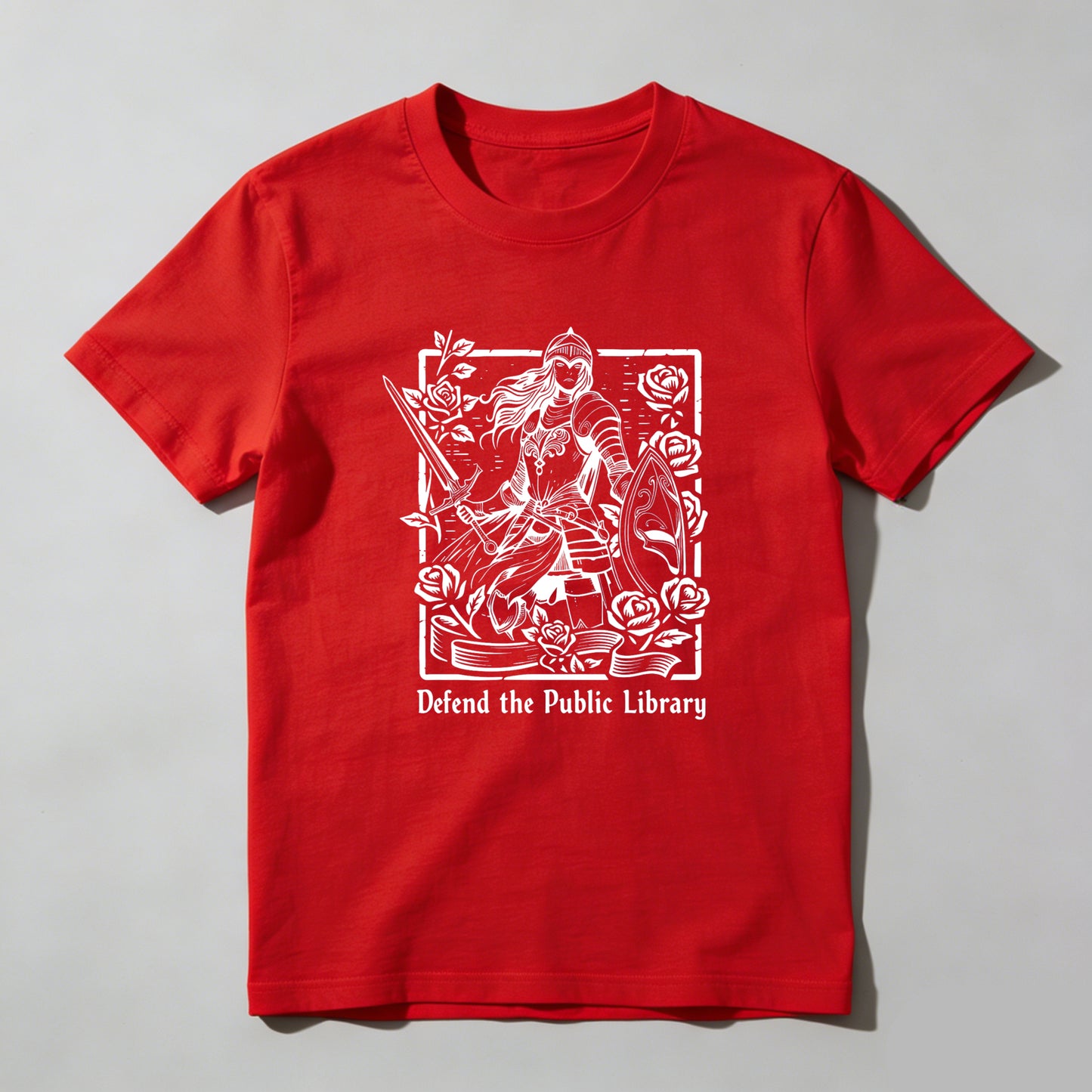 Wardrobecart Defend The Public Library Warrior With Sword And Roses Unisex Classic T-shirt