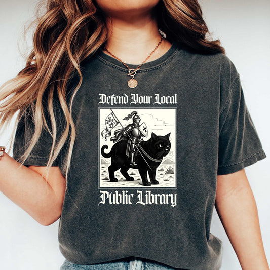 Wardrobecart Defend Your Local Public Library Cat Knight Unisex Washed T-shirt