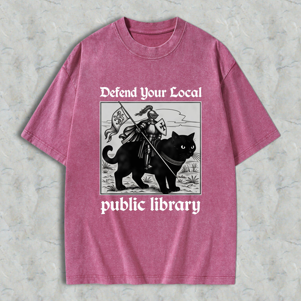 Wardrobecart Knight And Cat Defend Your Local Public Library Unisex Washed T-shirt