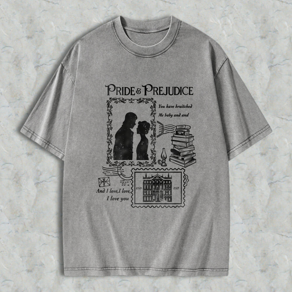 Wardrobecart Pride And Prejudice Quote With Couple Silhouette Books And Mansion Design Unisex Washed T-shirt