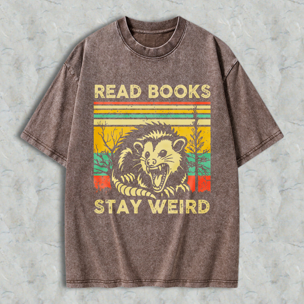 Wardrobecart Read Books Stay Weird Opossum Vintage Design Unisex Washed T-shirt