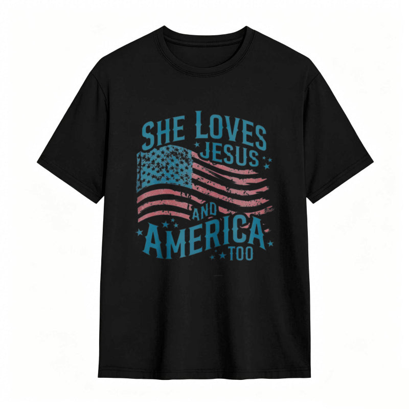 She Loves Jesus And America Too Women's Patriotic T-shirt