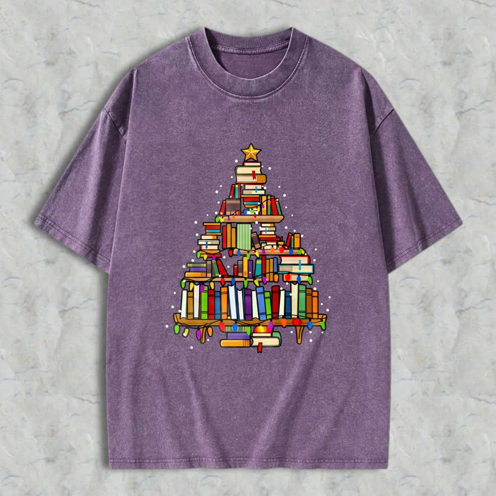 Wardrobecart Book Christmas Tree Unisex Washed T-shirt