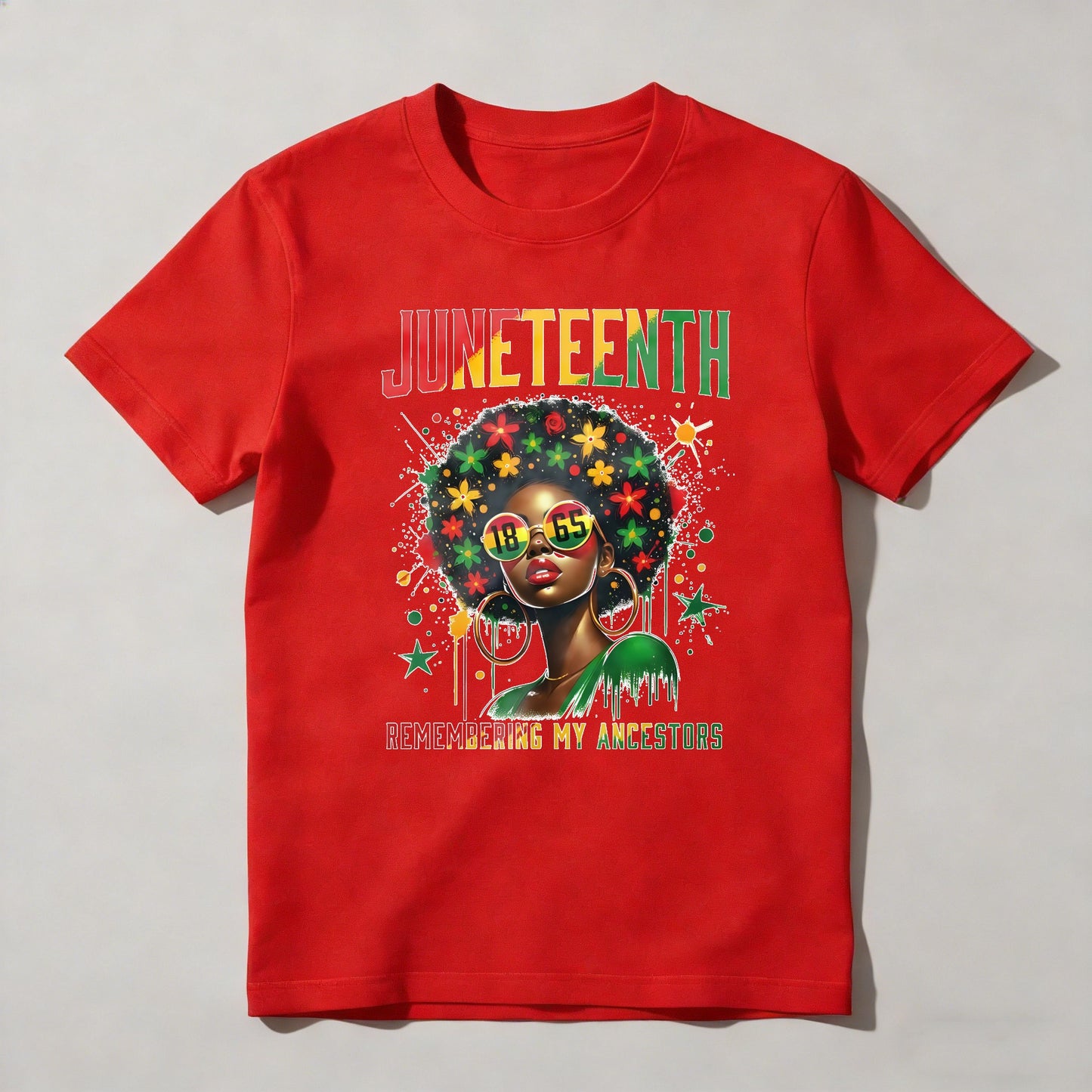 Juneteenth Celebration With Woman Wearing Sunglasses And Floral Hair Design Remembering My Ancestors T-shirt
