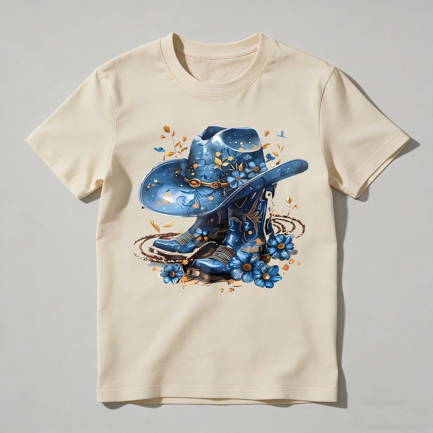 Western Hat And Boots With Blue Flowers T-shirt