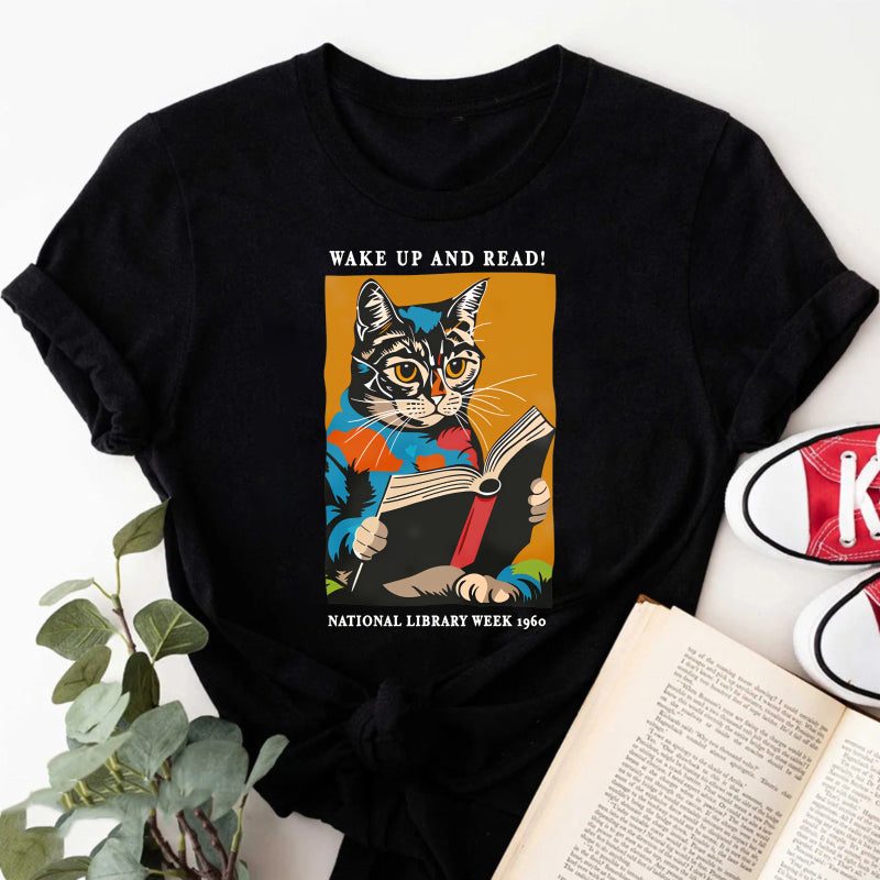 Wardrobecart Wake Up And Read Cat Reading Book Unisex Classic T-shirt