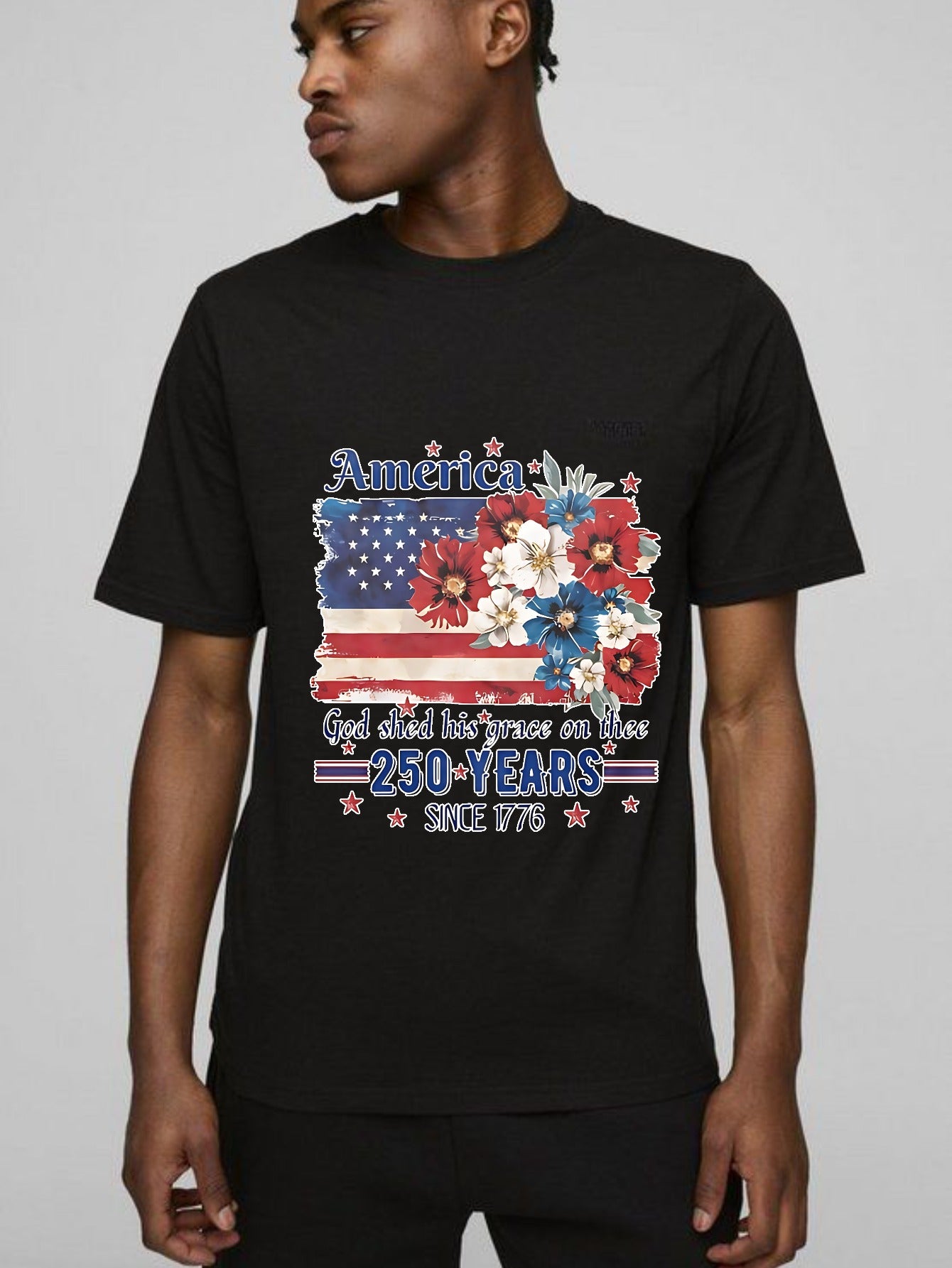 America Flag With Flowers And Patriotic Text 250 Years Since 1776 T-shirt