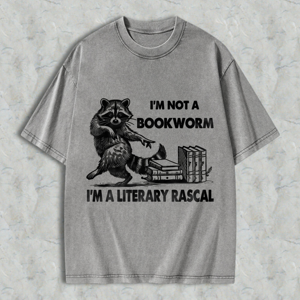 Wardrobecart Raccoon Reading Books I'm Not A Bookworm I'm A Literary Rascal Unisex Washed T-shirt