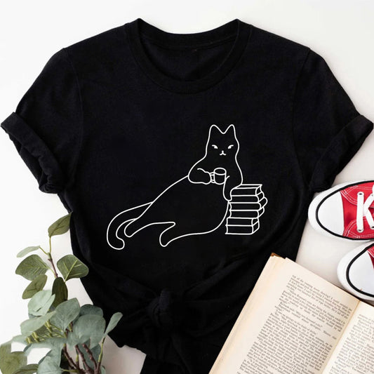 Wardrobecart Cat Holding Book Stack With Coffee Cup Unisex Classic T-shirt