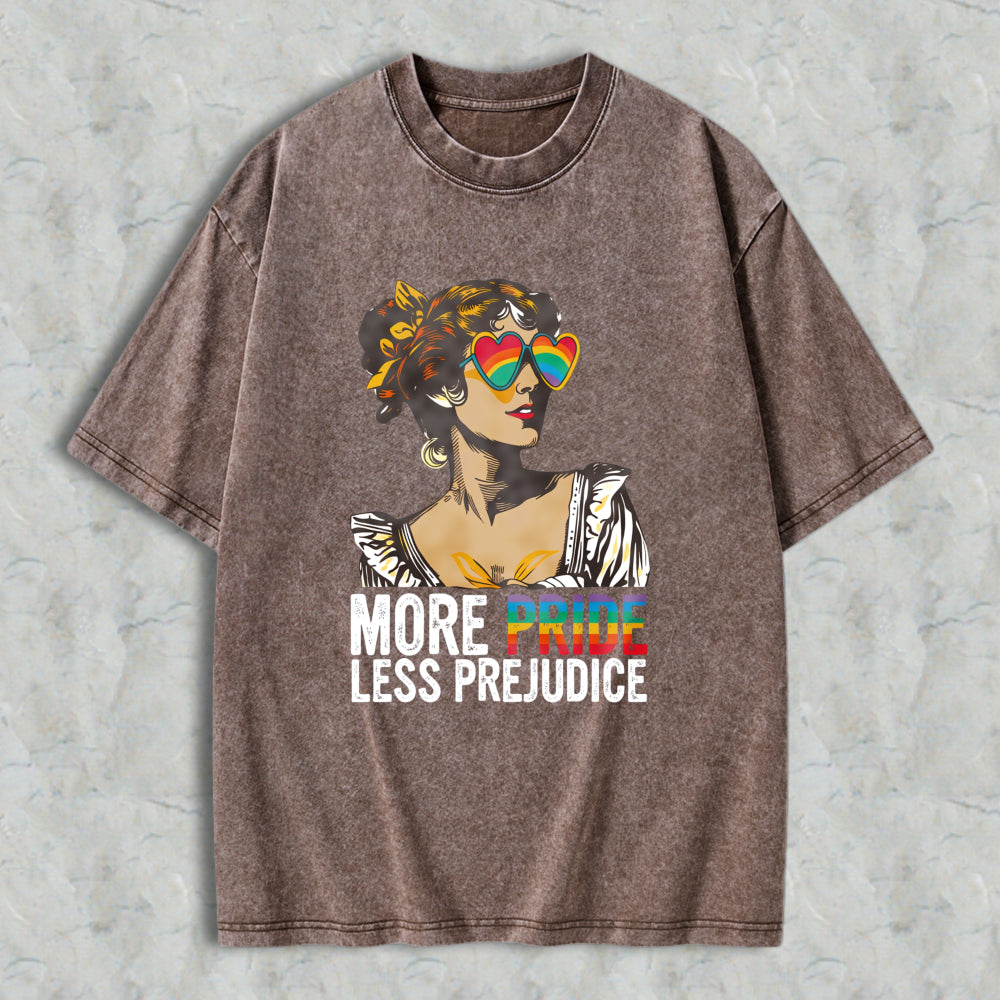 Wardrobecart Pride And Prejudice Inspired Woman With Rainbow Heart Sunglasses More Pride Less Prejudice Unisex Washed T-shirt
