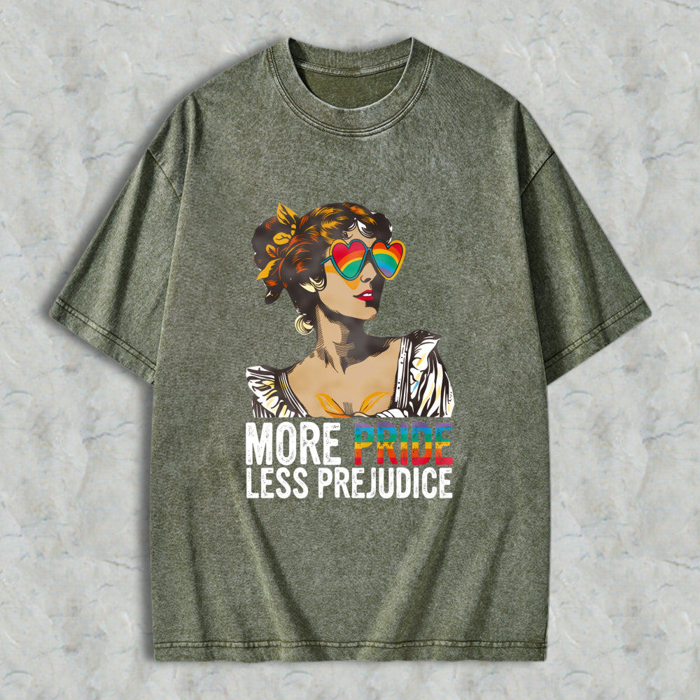 Wardrobecart Pride And Prejudice Parody With Rainbow Heart Sunglasses And Regency Style Woman More Pride Less Prejudice Unisex Washed T-shirt