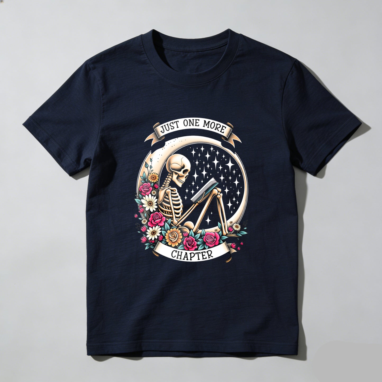 Wardrobecart Skeleton Reading Book With Flowers And Stars Unisex Classic T-shirt