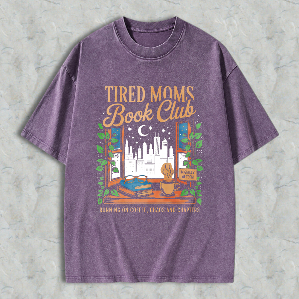 Wardrobecart Tired Moms Book Club Window Scene With Books Coffee And City View Unisex Washed T-shirt