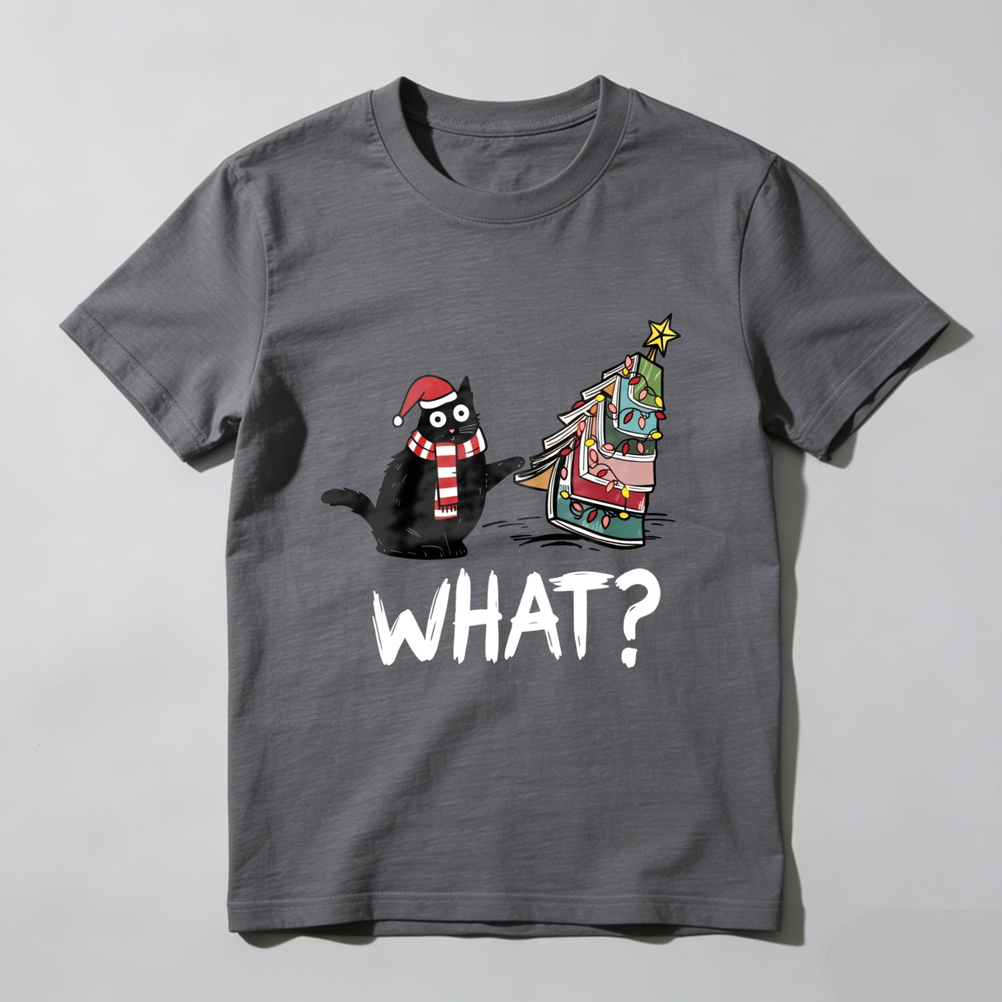 Wardrobecart Cat Wearing Santa Hat And Scarf   Christmas Tree Made Of Books   What Question Mark Below Unisex Classic T-shirt