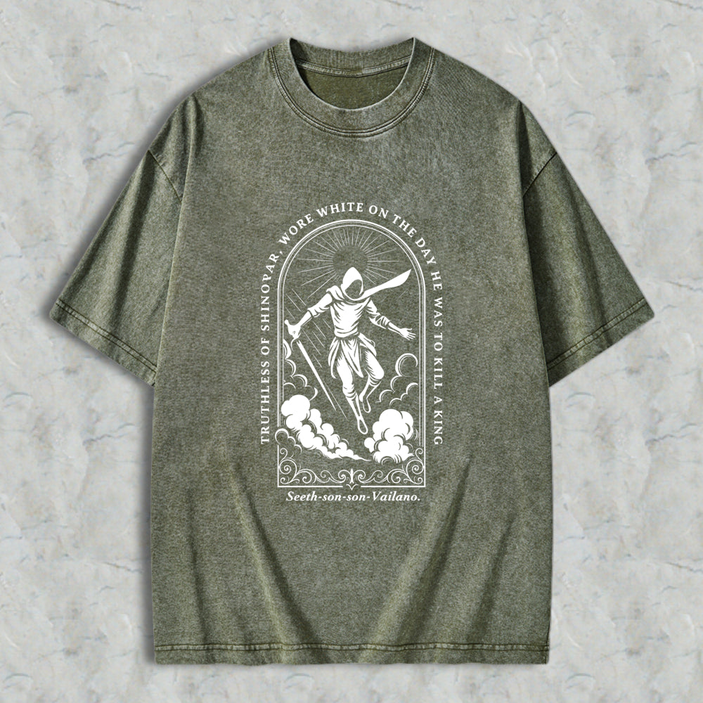 Wardrobecart Reaper With Sword And Scythe Standing On Clouds In Arch Design With Quote Truthless Of Sinovar Wore White On The Day He Was To Kill A King Seeth Son Son Vailano Unisex Washed T-shirt