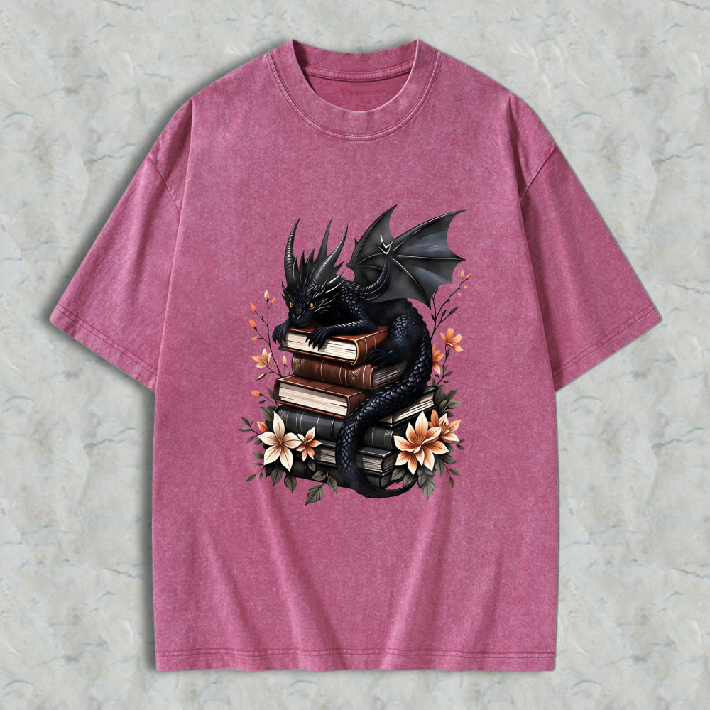 Wardrobecart Dragon With Books And Flowers Unisex Washed T-shirt