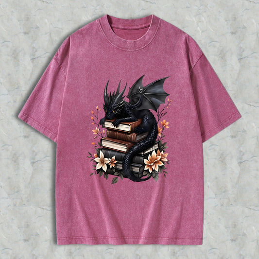 Wardrobecart Dragon With Books And Flowers Unisex Washed T-shirt