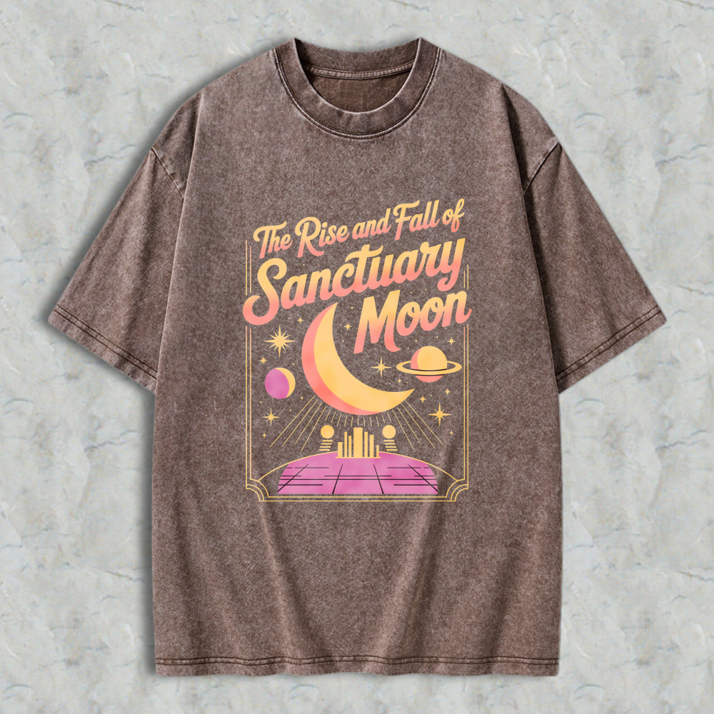Wardrobecart The Rise And Fall Of Sanctuary Moon Cosmic Scene With Crescent Moon Planets And Futuristic Platform Unisex Washed T-shirt
