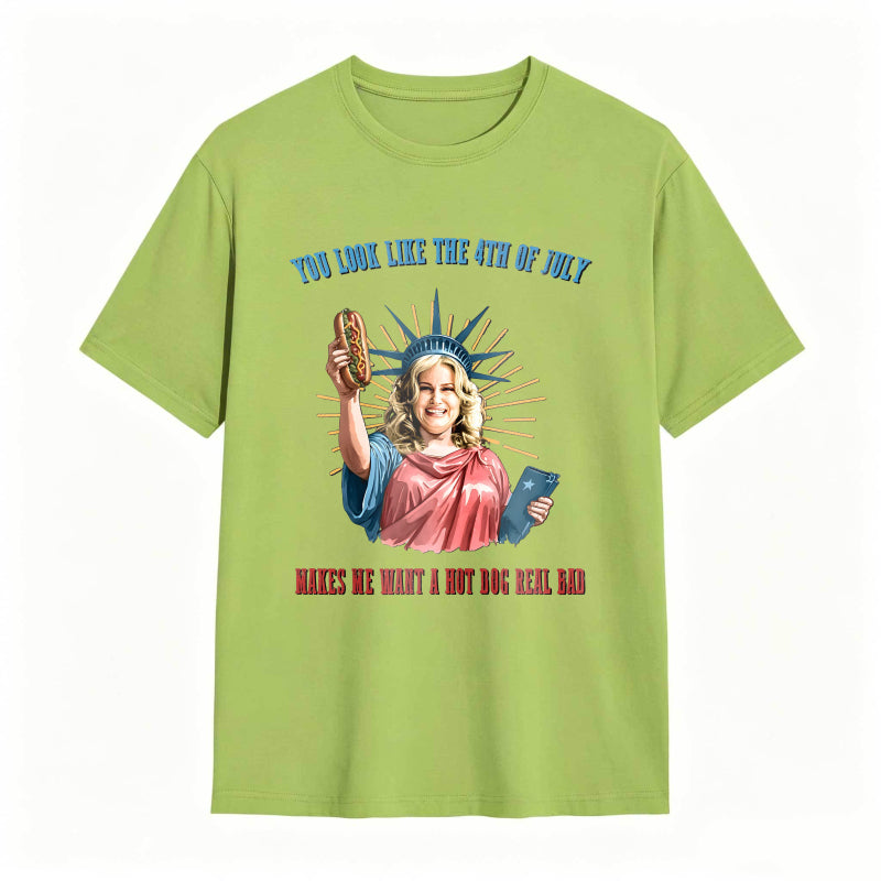Statue Of Liberty Holding Hot Dog And Tablet With Fourth Of July Text T-shirt