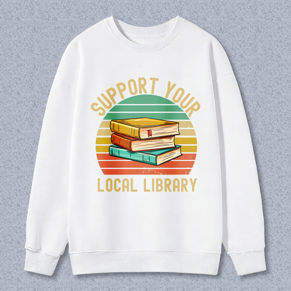 Wardrobecart Support Your Local Library Books Stack Vintage Sunburst Design Unisex Classic Sweatshirt