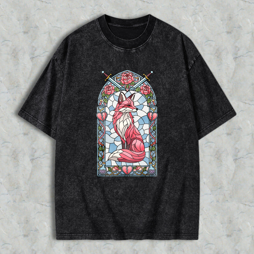 Wardrobecart Stained Glass Fox With Roses And Swords Unisex Washed T-shirt