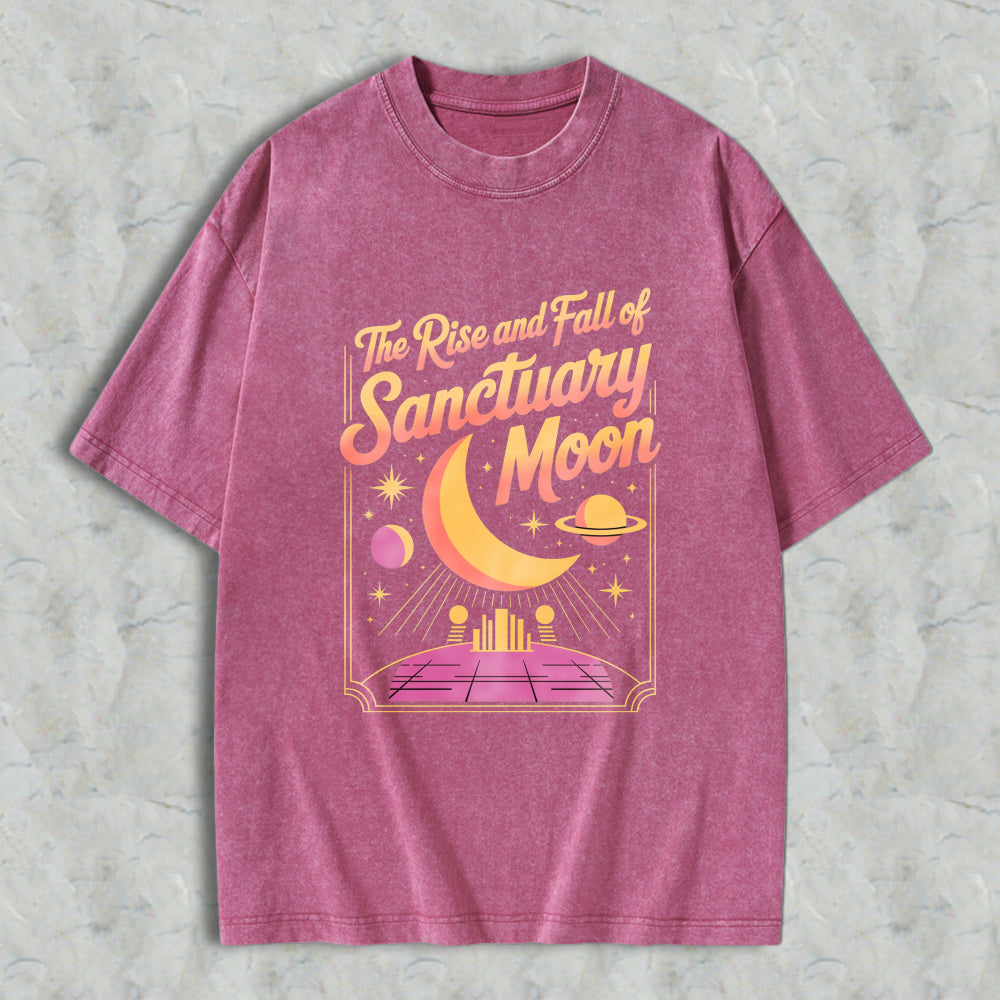 Wardrobecart The Rise And Fall Of Sanctuary Moon Cosmic Scene With Crescent Moon Planets And Futuristic Platform Unisex Washed T-shirt