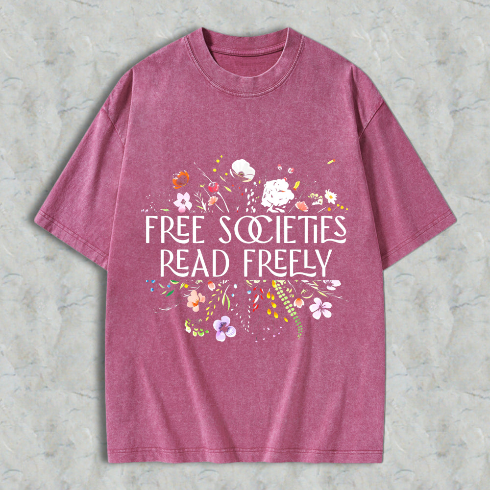Wardrobecart Free Societies Read Freely Floral Design Unisex Washed T-shirt
