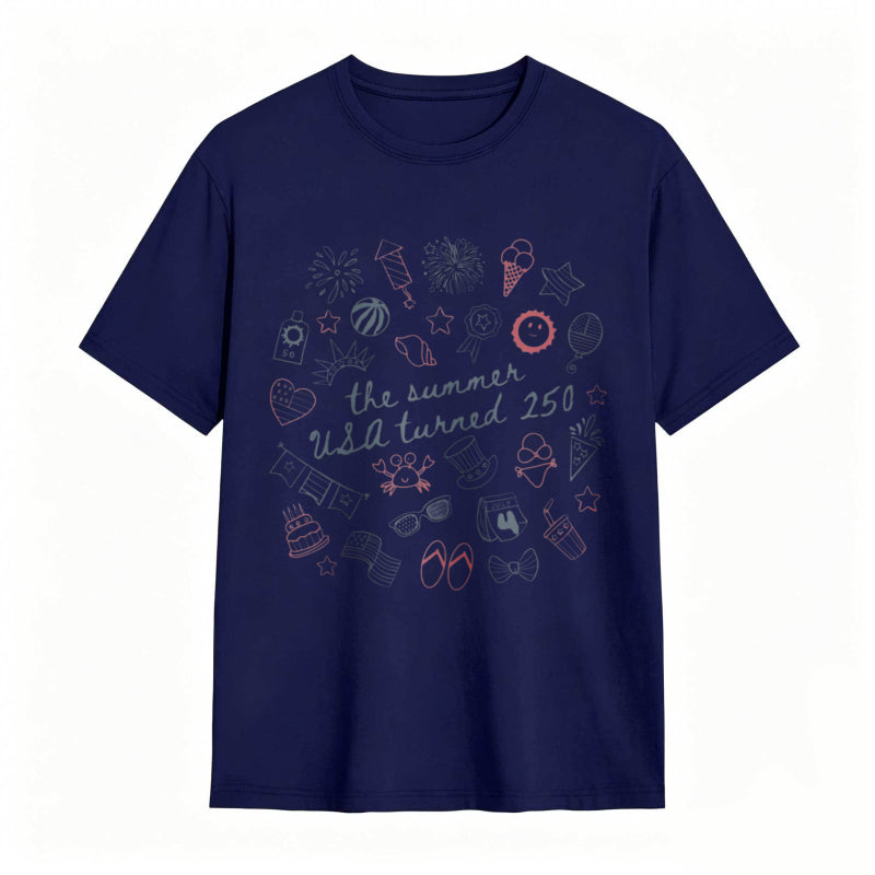 Summer Usa 250th Anniversary Celebration With Icons And Text T-shirt