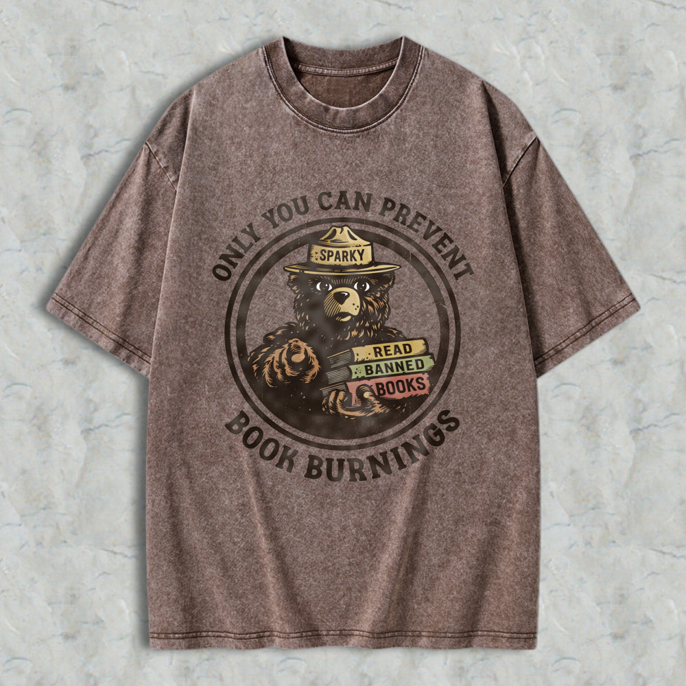 Wardrobecart Bear Reading Banned Books Sparky Ranger Hat Only You Can Prevent Book Burning Unisex Washed T-shirt