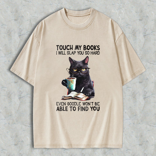 Wardrobecart Black Cat With Glasses Reading Book And Coffee Cup Unisex Washed T-shirt