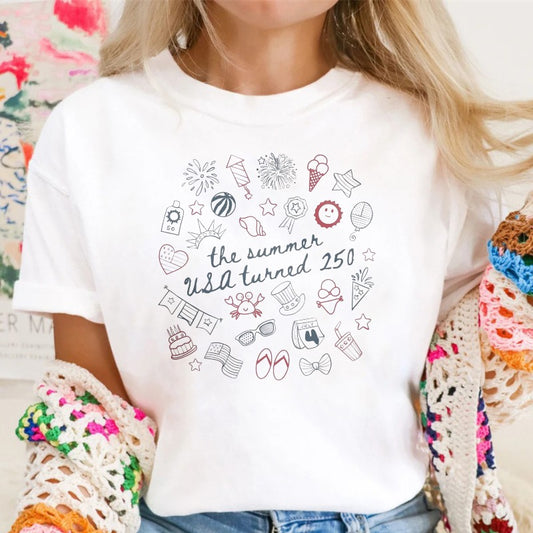 Summer Usa 250th Anniversary Celebration With Icons And Text T-shirt