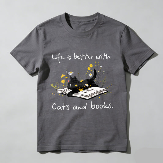 Wardrobecart Life Is Better With Cats And Books Unisex Classic T-shirt