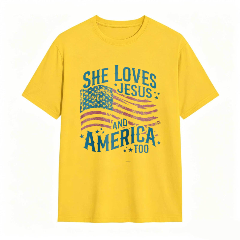She Loves Jesus And America Too Women's Patriotic T-shirt