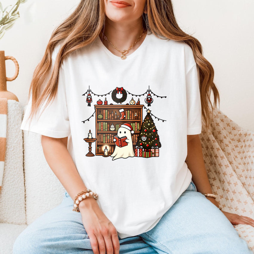 Wardrobecart Ghost Reading Book Christmas Tree Shelf Decorations Unisex Classic T-shirt