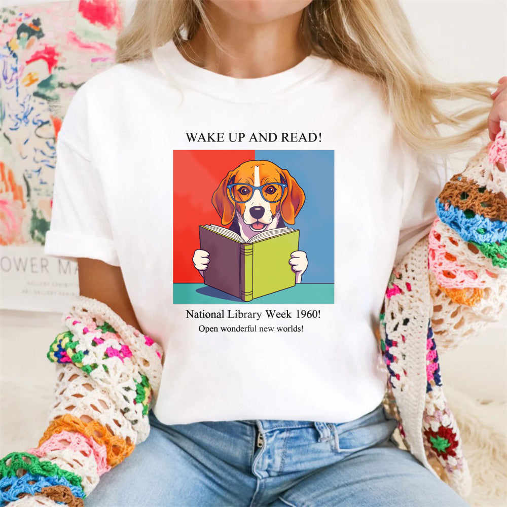 Wardrobecart Wake Up And Read Dog With Book Unisex Classic T-shirt 100% cotton