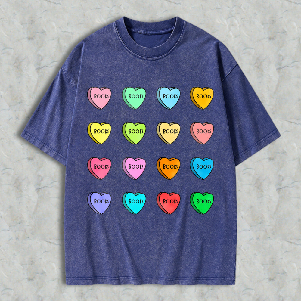 Wardrobecart Colorful Heart Candy Pattern With Book Text Unisex Washed T-shirt