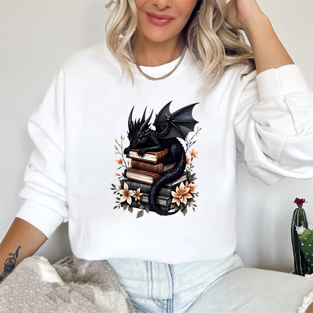 Wardrobecart Dragon And Books With Flowers Unisex Classic Sweatshirt