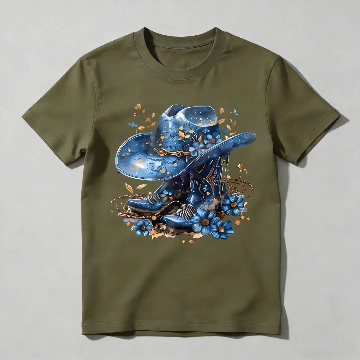Western Hat And Boots With Blue Flowers T-shirt
