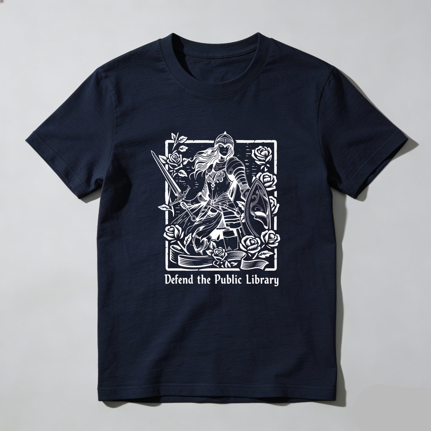 Wardrobecart Defend The Public Library Warrior With Sword And Roses Unisex Classic T-shirt