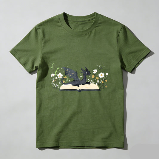 Wardrobecart Dragon Reading Book With Flowers Unisex Classic T-shirt