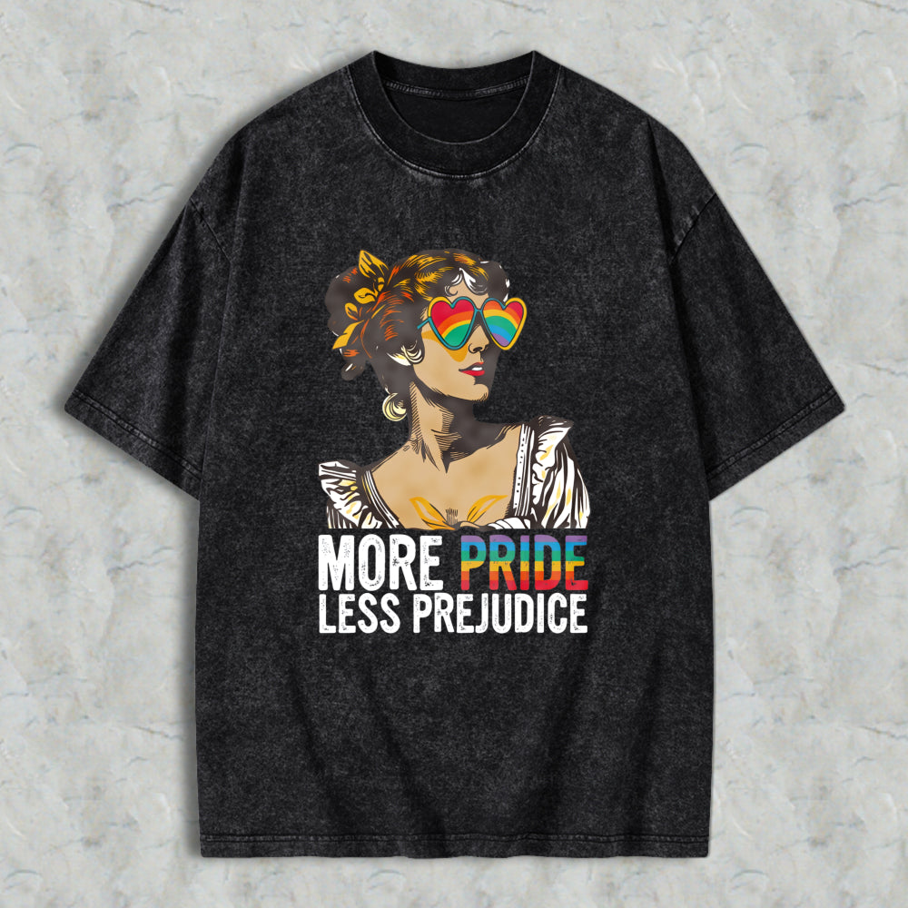 Wardrobecart Pride And Prejudice Inspired Woman With Rainbow Heart Sunglasses More Pride Less Prejudice Unisex Washed T-shirt